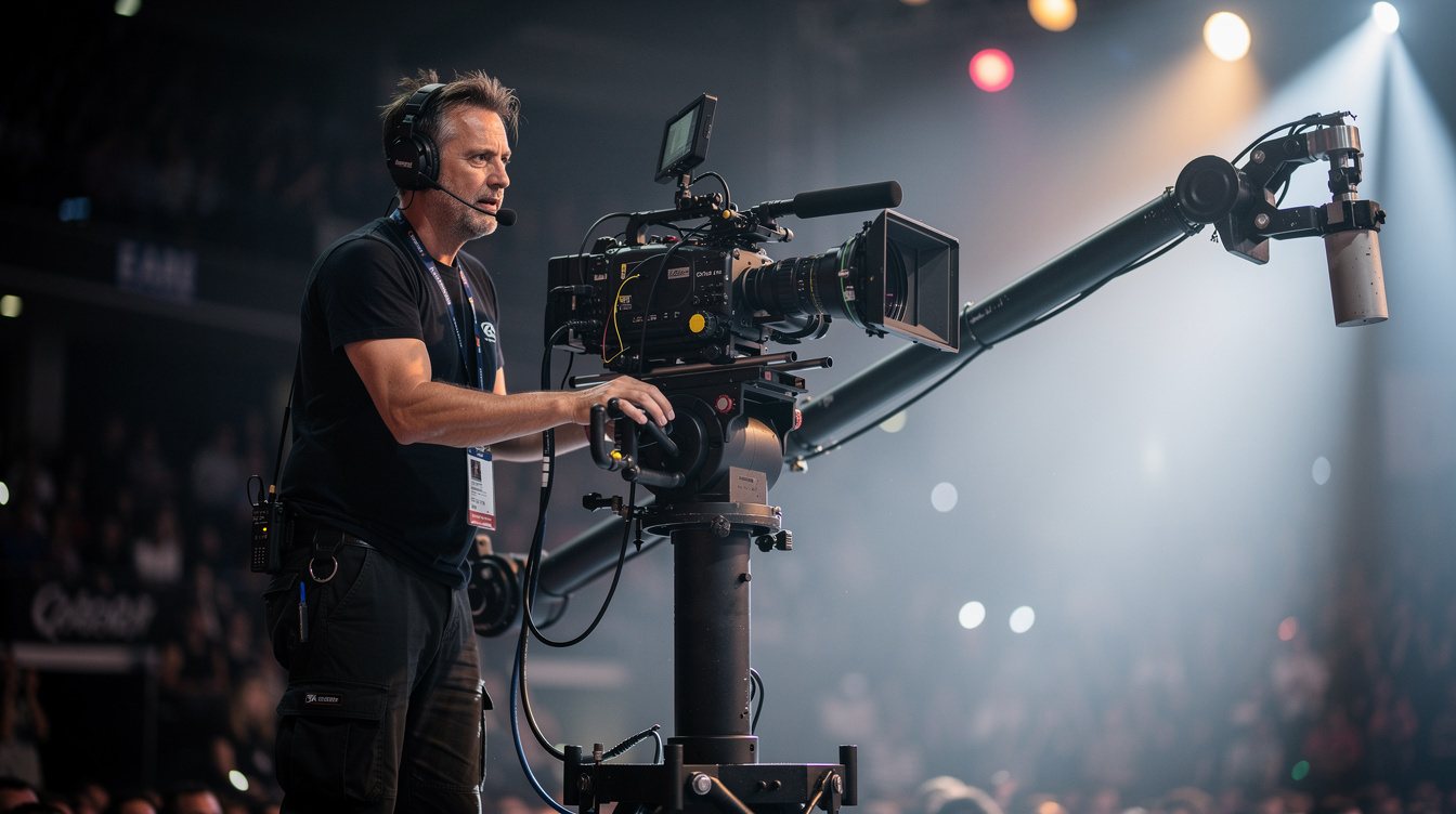 Camera operator filming a live show from a crane arm