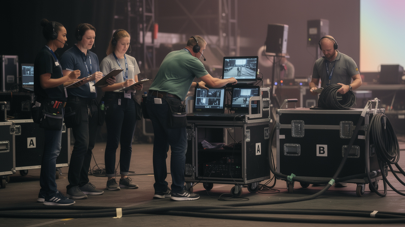 Production crew working backstage with monitors