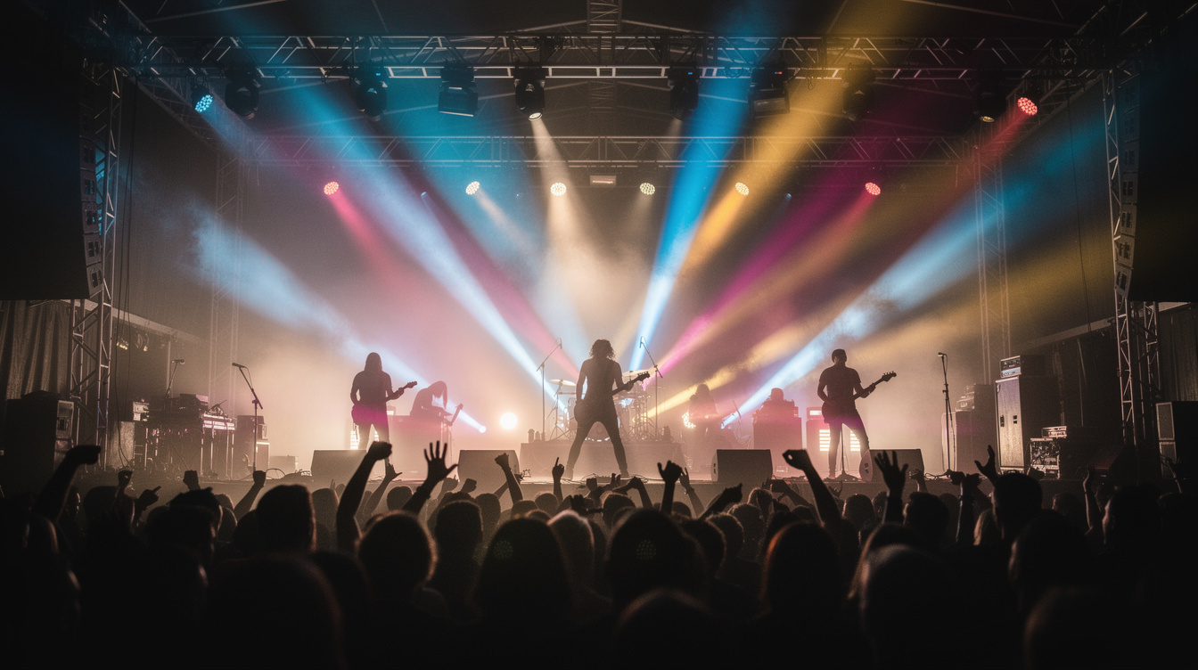 Live show stage with dramatic coloured light beams