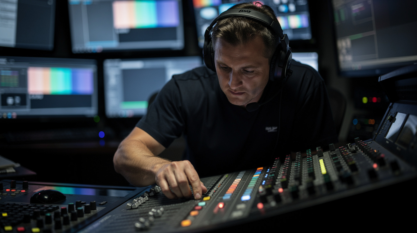 British lighting technician adjusting a mixing console in a dark studio control room