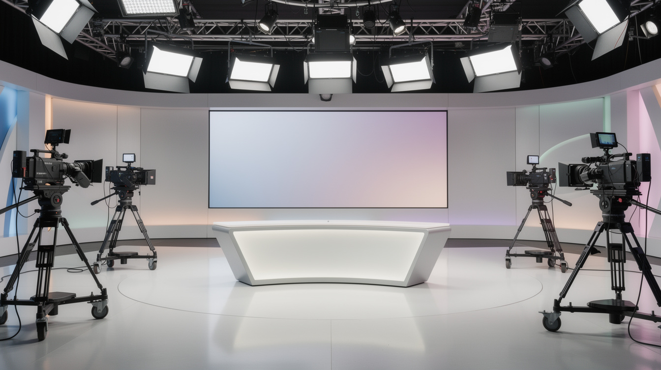 Television studio set with cameras and lighting rigs
