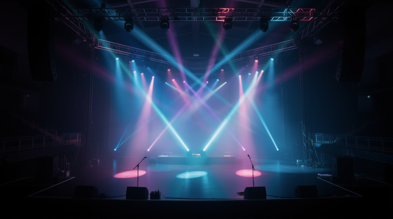 Concert stage with colourful lighting rig and haze